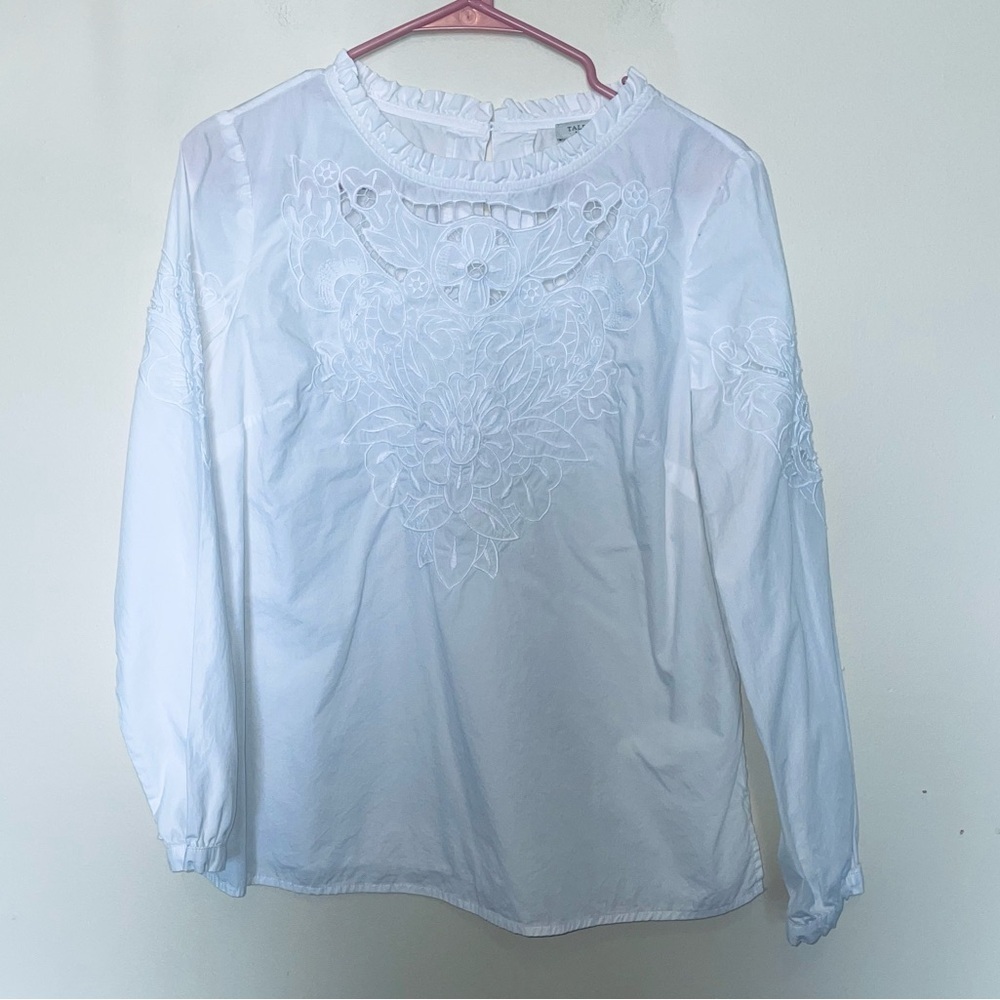 Talbots White Embroidered Cut Out Ruffle Neck Blouse Medium Petite